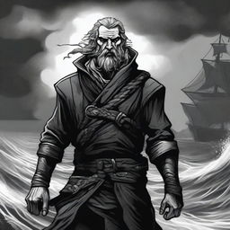 A dark DND illustration of a medieval sailor wearing a grizzled expression