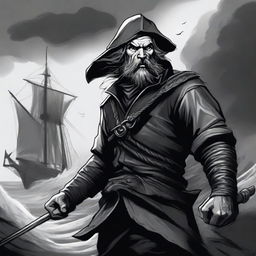 A dark DND illustration of a medieval sailor wearing a grizzled expression