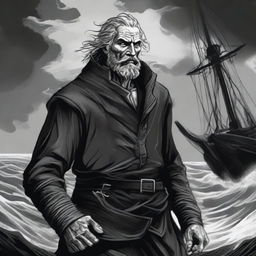 A dark DND illustration of a medieval sailor wearing a grizzled expression