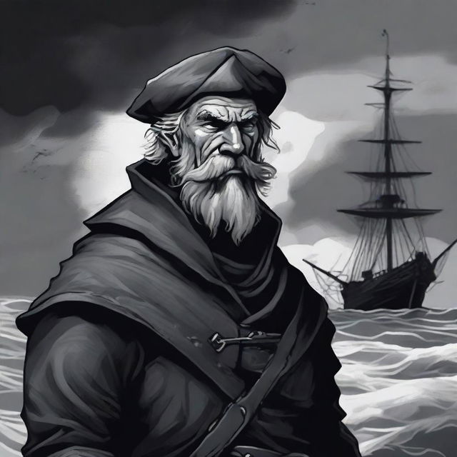 A dark DND illustration of a medieval sailor wearing a grizzled expression