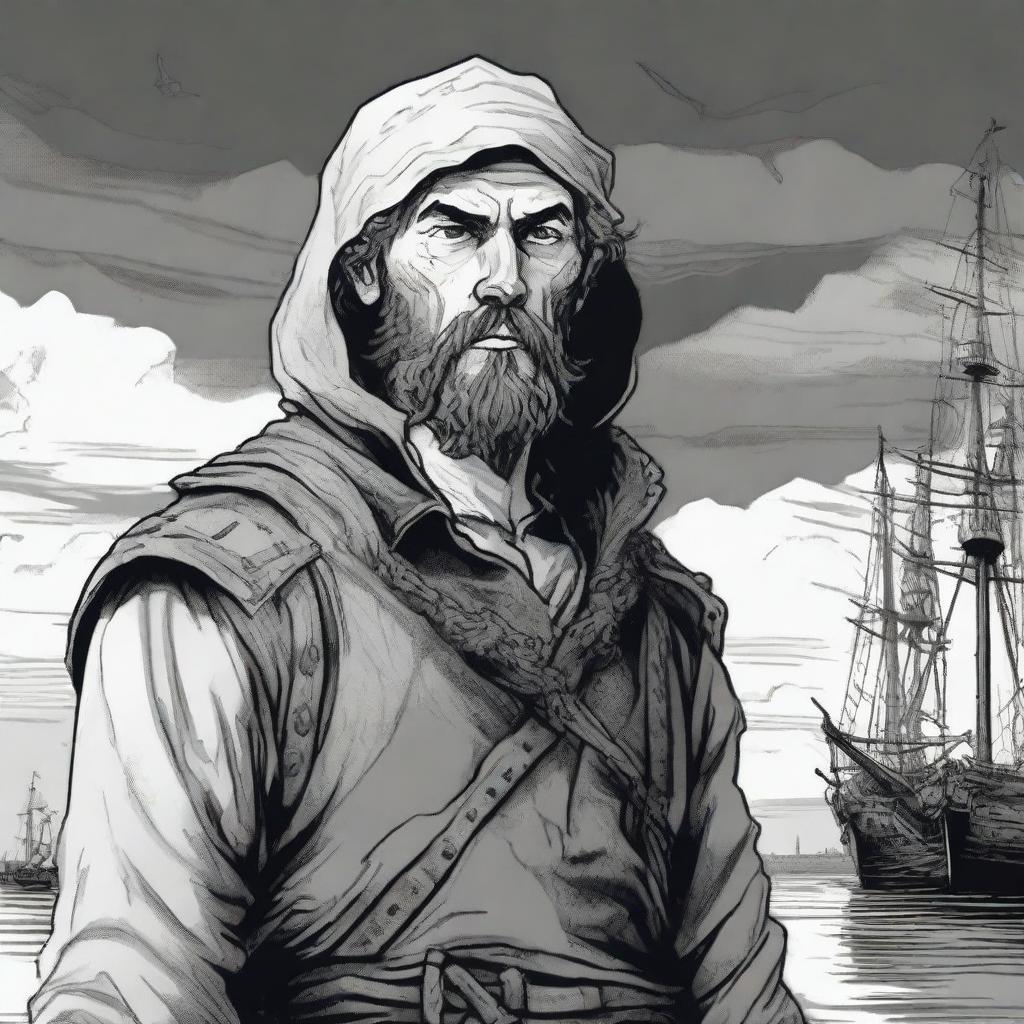 A dark DND illustration of a 30-year-old medieval sailor wearing a grizzled expression