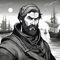 A dark DND illustration of a 30-year-old medieval sailor wearing a grizzled expression