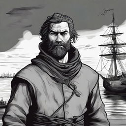 A dark DND illustration of a 30-year-old medieval sailor wearing a grizzled expression