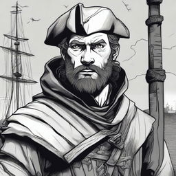 A dark DND illustration of a 30-year-old medieval sailor wearing a grizzled expression