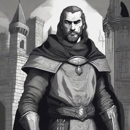 A dark DND illustration of a 30-year-old medieval lord wearing a grizzled expression