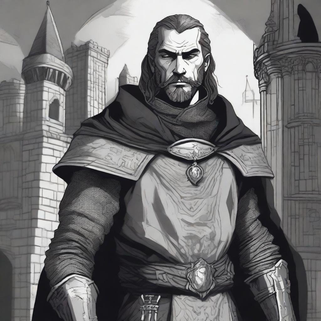 A dark DND illustration of a 30-year-old medieval lord wearing a grizzled expression