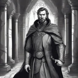 A dark DND illustration of a 30-year-old medieval lord wearing a grizzled expression