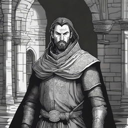 A dark DND illustration of a 30-year-old medieval lord wearing a grizzled expression