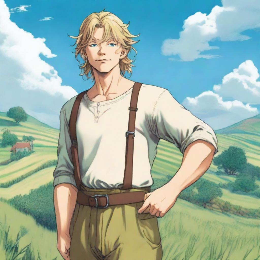 A detailed illustration of Thorfinn Karlsefni from Vinland Saga as an adolescent with a low beard