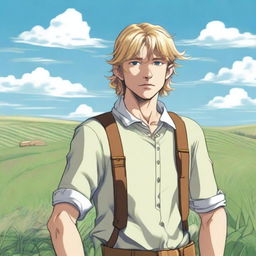 A detailed illustration of Thorfinn Karlsefni from Vinland Saga as an adolescent with a low beard