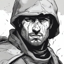 A dark DND illustration in black and white of a 30-year-old medieval soldier with no helmet, wearing a grizzled expression