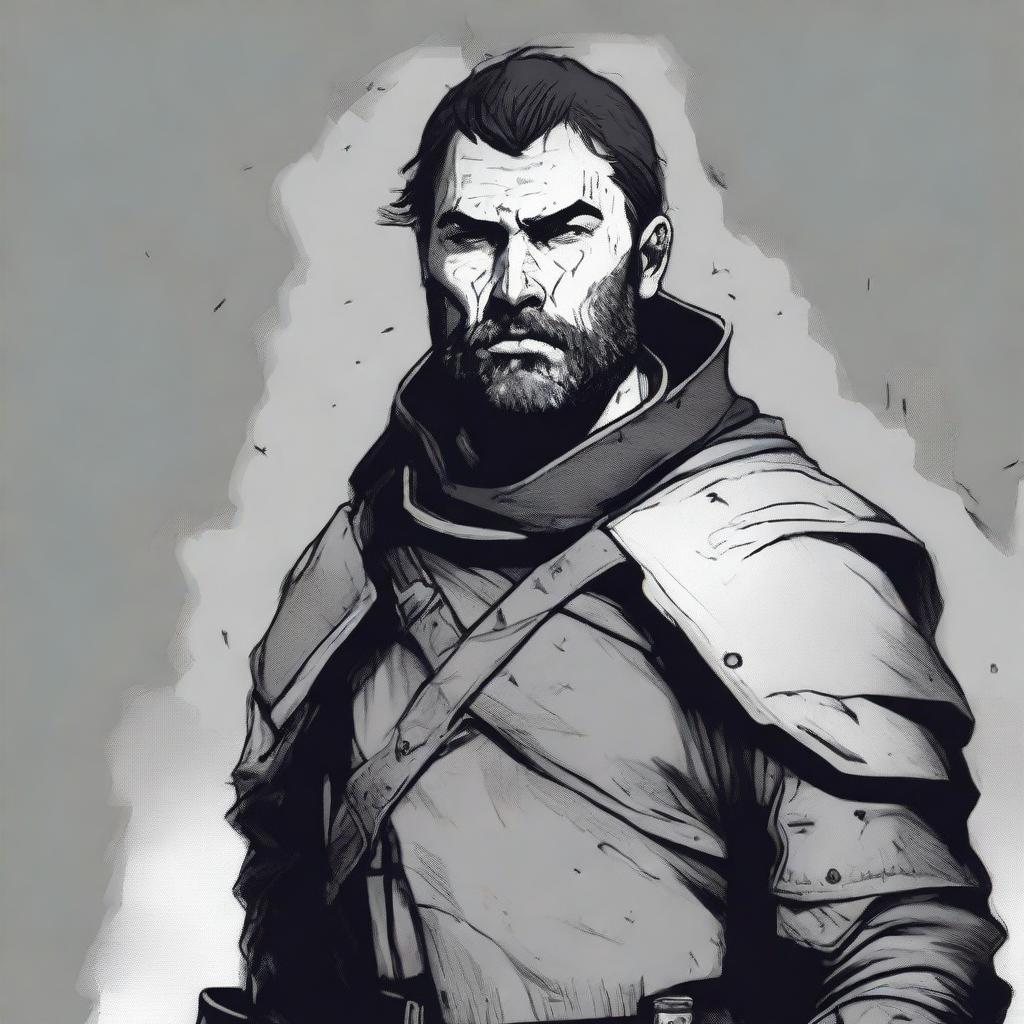 A dark DND illustration in black and white of a 30-year-old medieval soldier with no helmet, wearing a grizzled expression