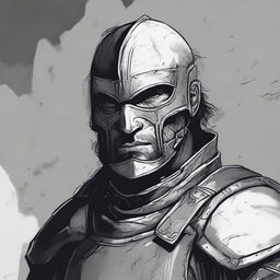 A dark DND illustration in black and white of a 30-year-old medieval soldier wearing armor but no helmet, displaying a grizzled expression