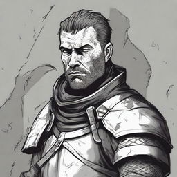 A dark DND illustration in black and white of a 30-year-old medieval soldier wearing armor but no helmet, displaying a grizzled expression