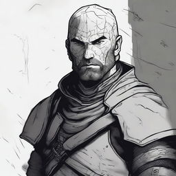 A dark DND illustration in black and white of a 30-year-old medieval soldier wearing armor but no helmet, displaying a grizzled expression