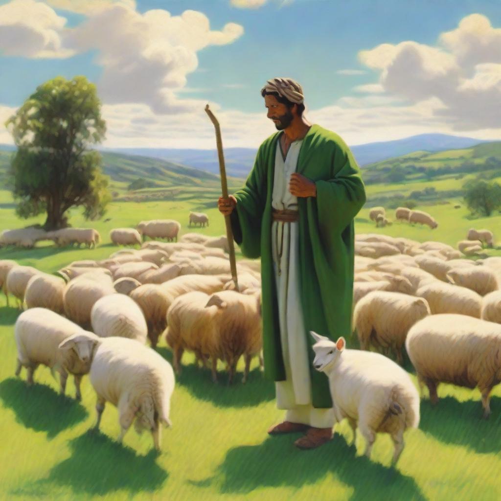 A serene scene of a shepherd tending to a flock of sheep in a lush, green pasture