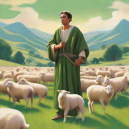 A serene scene of a shepherd tending to a flock of sheep in a lush, green pasture