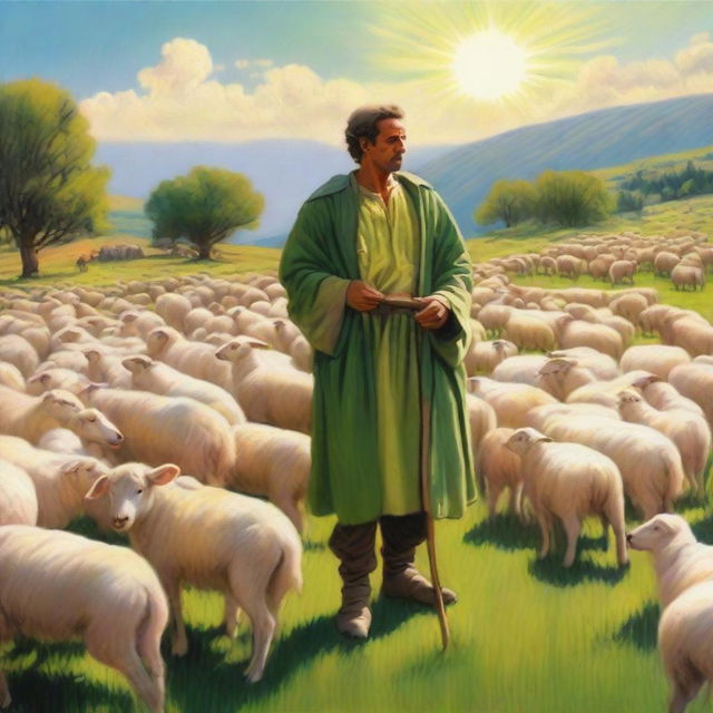 A serene scene of a shepherd tending to a flock of sheep in a lush, green pasture