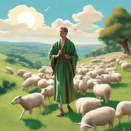 A serene scene of a shepherd tending to a flock of sheep in a lush, green pasture