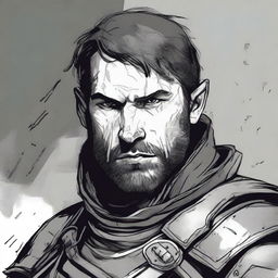 A dark DND illustration in black and white of a 30-year-old medieval soldier wearing armor but no helmet, displaying a grizzled expression