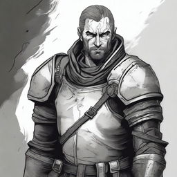 A dark DND illustration in black and white of a 30-year-old medieval soldier wearing armor but no helmet, displaying a grizzled expression