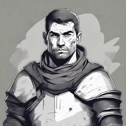 A dark DND illustration in black and white of a 30-year-old medieval soldier wearing armor but no helmet, displaying a grizzled expression