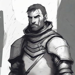 A dark DND illustration in black and white of a 30-year-old medieval soldier wearing armor but no helmet, displaying a grizzled expression