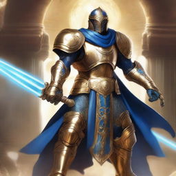 A celestial Warforged humanoid clad in golden armor, wielding a sword and shield