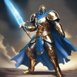 A celestial Warforged humanoid clad in golden armor, wielding a sword and shield