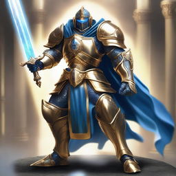 A celestial Warforged humanoid clad in golden armor, wielding a sword and shield