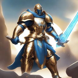 A celestial Warforged humanoid clad in golden armor, wielding a sword and shield