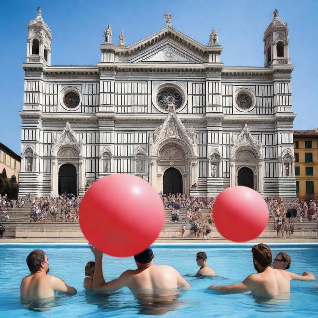 A vibrant scene depicting a Guinness World Record attempt for the longest time keeping a blow-up ball in the air by a team of four in a swimming pool in Florence, Italy