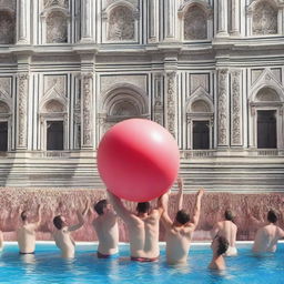 A vibrant scene depicting a Guinness World Record attempt for the longest time keeping a blow-up ball in the air by a team of four in a swimming pool in Florence, Italy