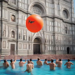 A vibrant scene depicting a Guinness World Record attempt for the longest time keeping a blow-up ball in the air by a team of four in a swimming pool in Florence, Italy