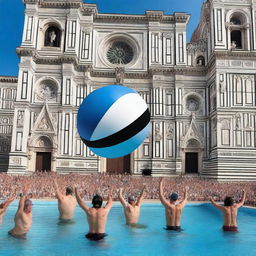 A vibrant scene depicting a Guinness World Record attempt for the longest time keeping a blow-up ball in the air by a team of four in a swimming pool in Florence, Italy