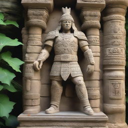 A stone construct of an ancient warrior, intricately carved with weathered details