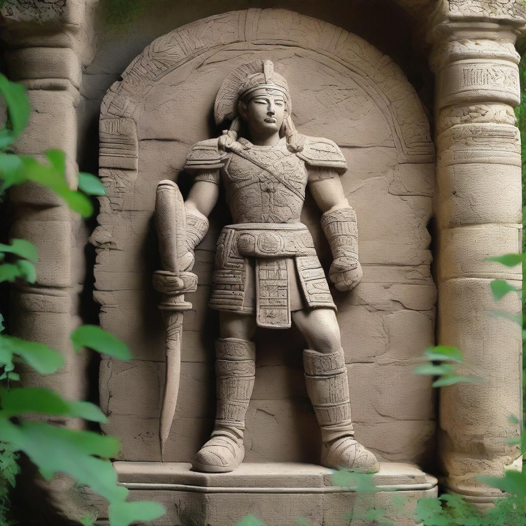 A stone construct of an ancient warrior, intricately carved with weathered details