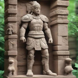 A stone construct of an ancient warrior, intricately carved with weathered details