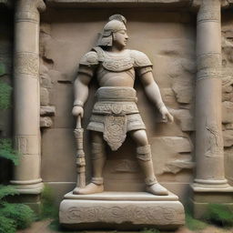 A stone construct of an ancient warrior, intricately carved with weathered details