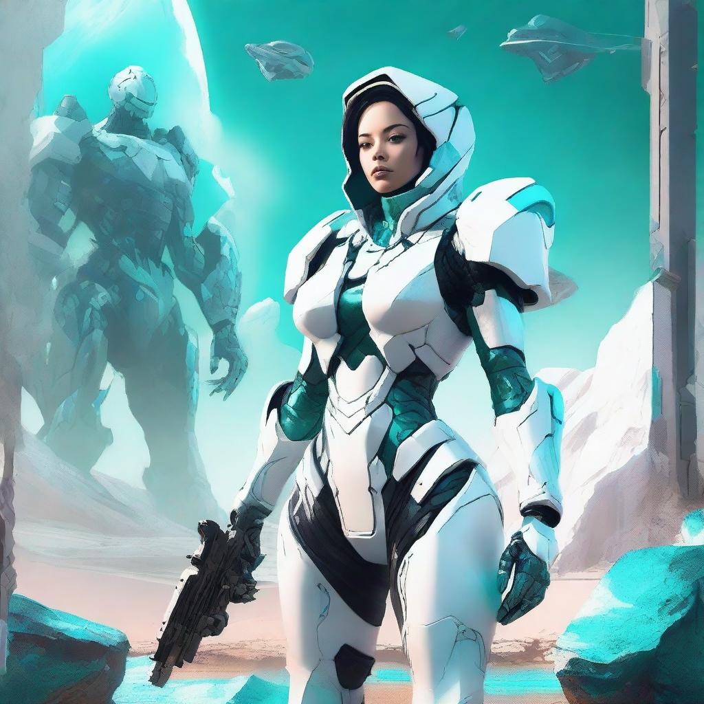 A futuristic armored space soldier concept art featuring a female character with white armor and extravagant teal accents