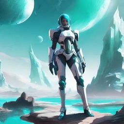 A futuristic armored space soldier concept art featuring a female character with white armor and extravagant teal accents