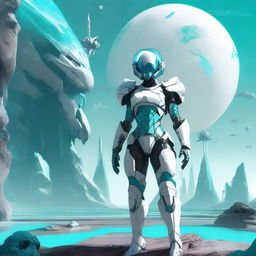 A futuristic armored space soldier concept art featuring a female character with white armor and extravagant teal accents