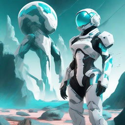 A futuristic armored space soldier concept art featuring a female character with white armor and extravagant teal accents