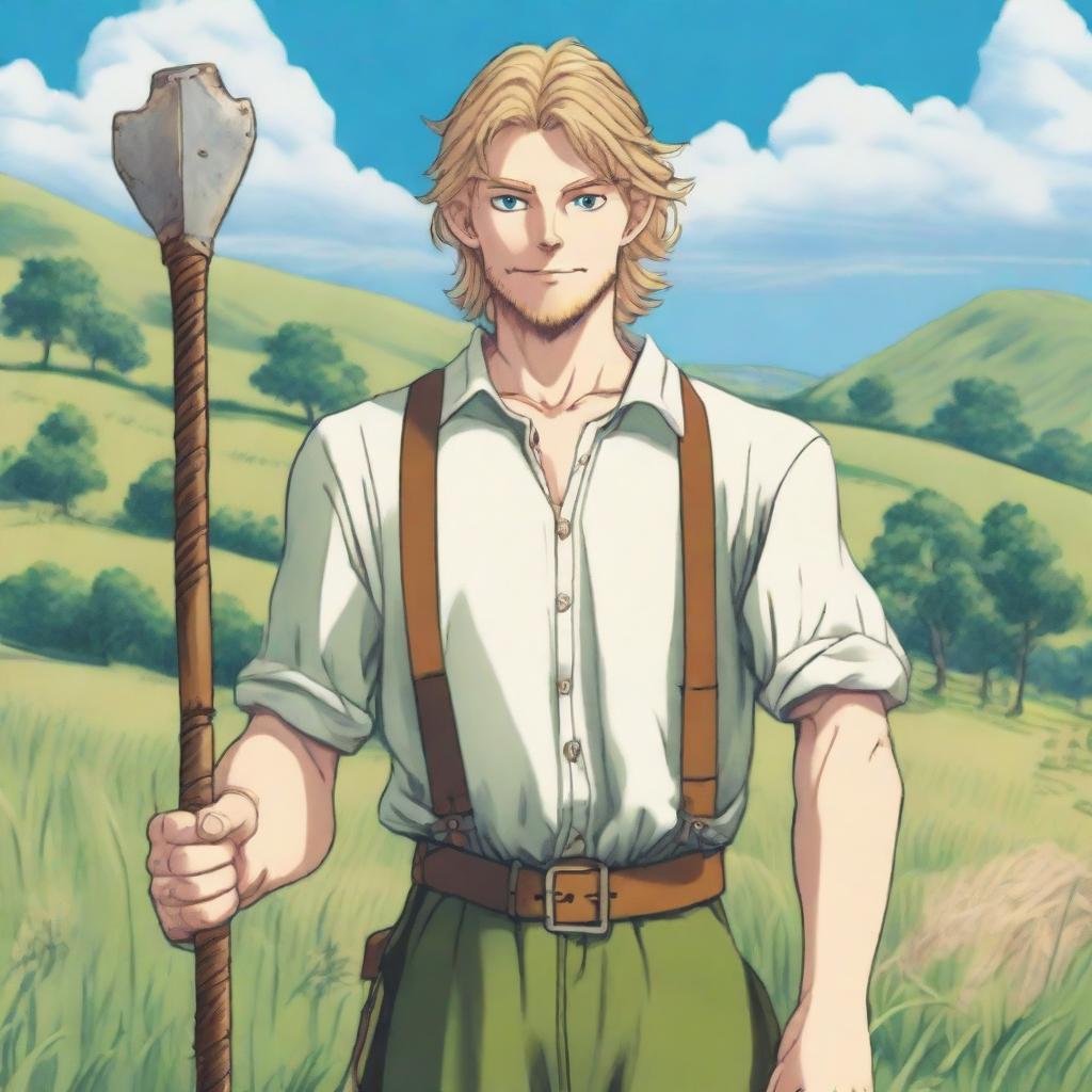 A detailed illustration of Thorfinn Karlsefni from Vinland Saga as an adolescent with a low beard