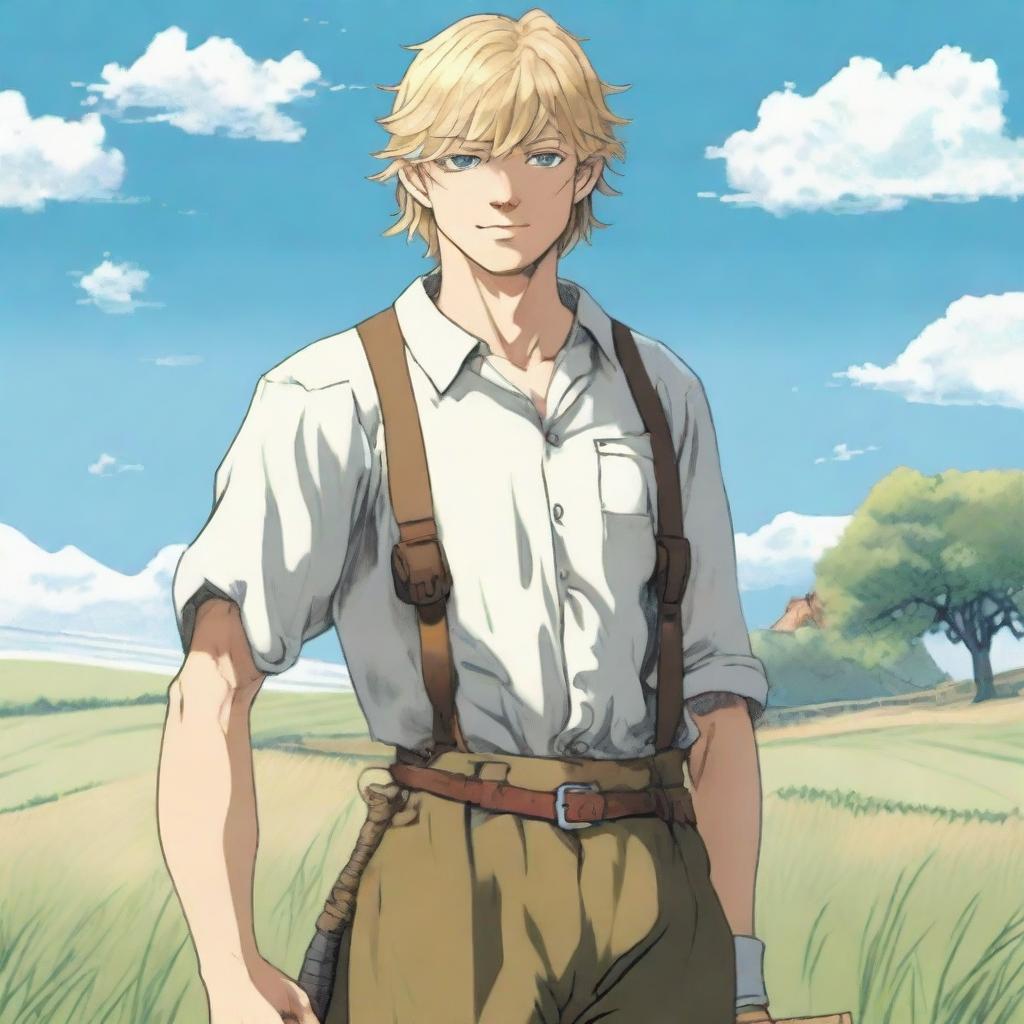 A detailed illustration of Thorfinn Karlsefni from Vinland Saga as an adolescent with a low beard