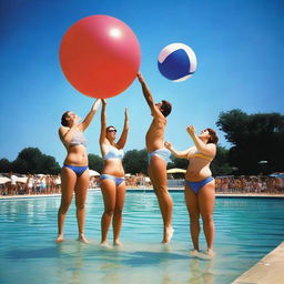 An outdoor swimming pool scene where a team of four adults is attempting to set a record for the longest time keeping a blow-up ball in the air