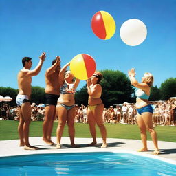 An outdoor swimming pool scene where a team of four adults is attempting to set a record for the longest time keeping a blow-up ball in the air