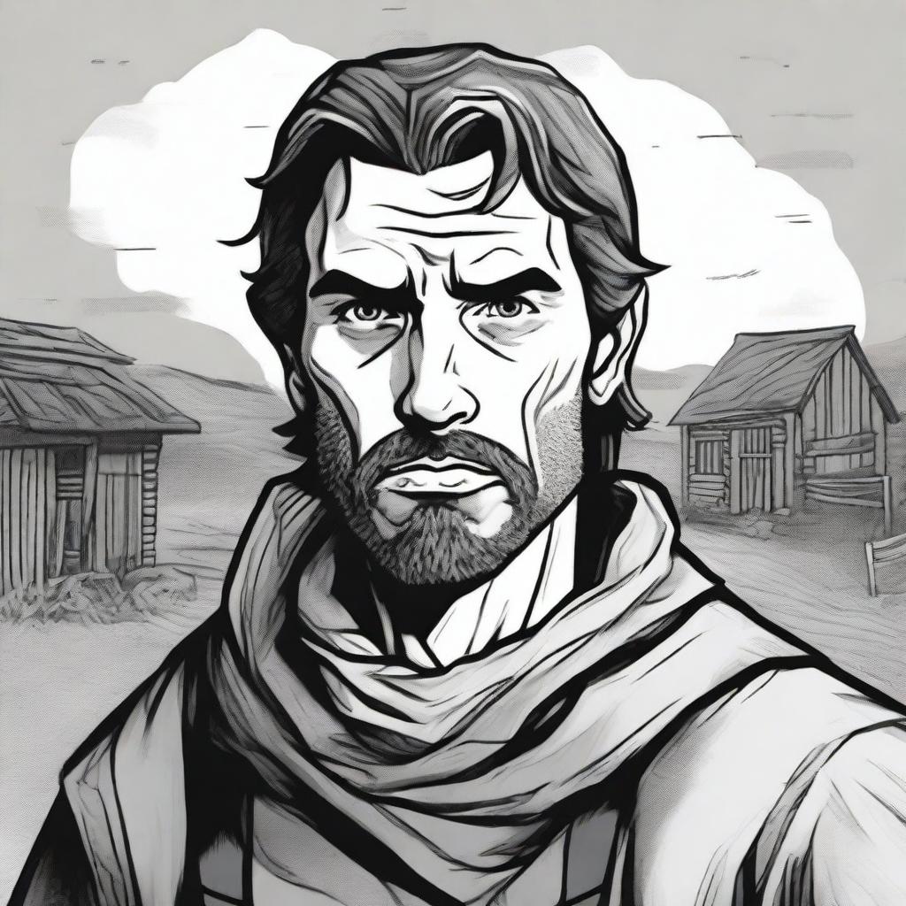 A dark DND illustration in black and white of a 30-year-old medieval minor landowner wearing a grizzled expression