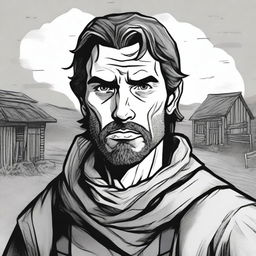 A dark DND illustration in black and white of a 30-year-old medieval minor landowner wearing a grizzled expression