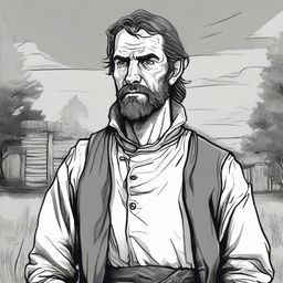 A dark DND illustration in black and white of a 30-year-old medieval minor landowner wearing a grizzled expression